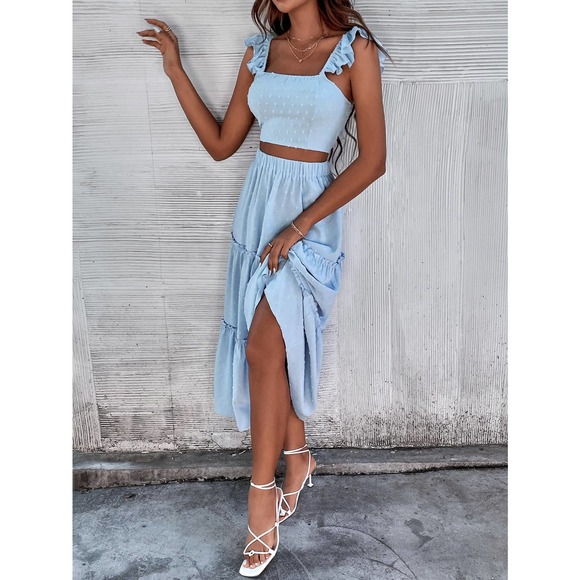 2 piece set: crop top & maxi skirt Swiss Dot Ruffle Trim Top Ruffle Hem blue - Picture 6 of 6